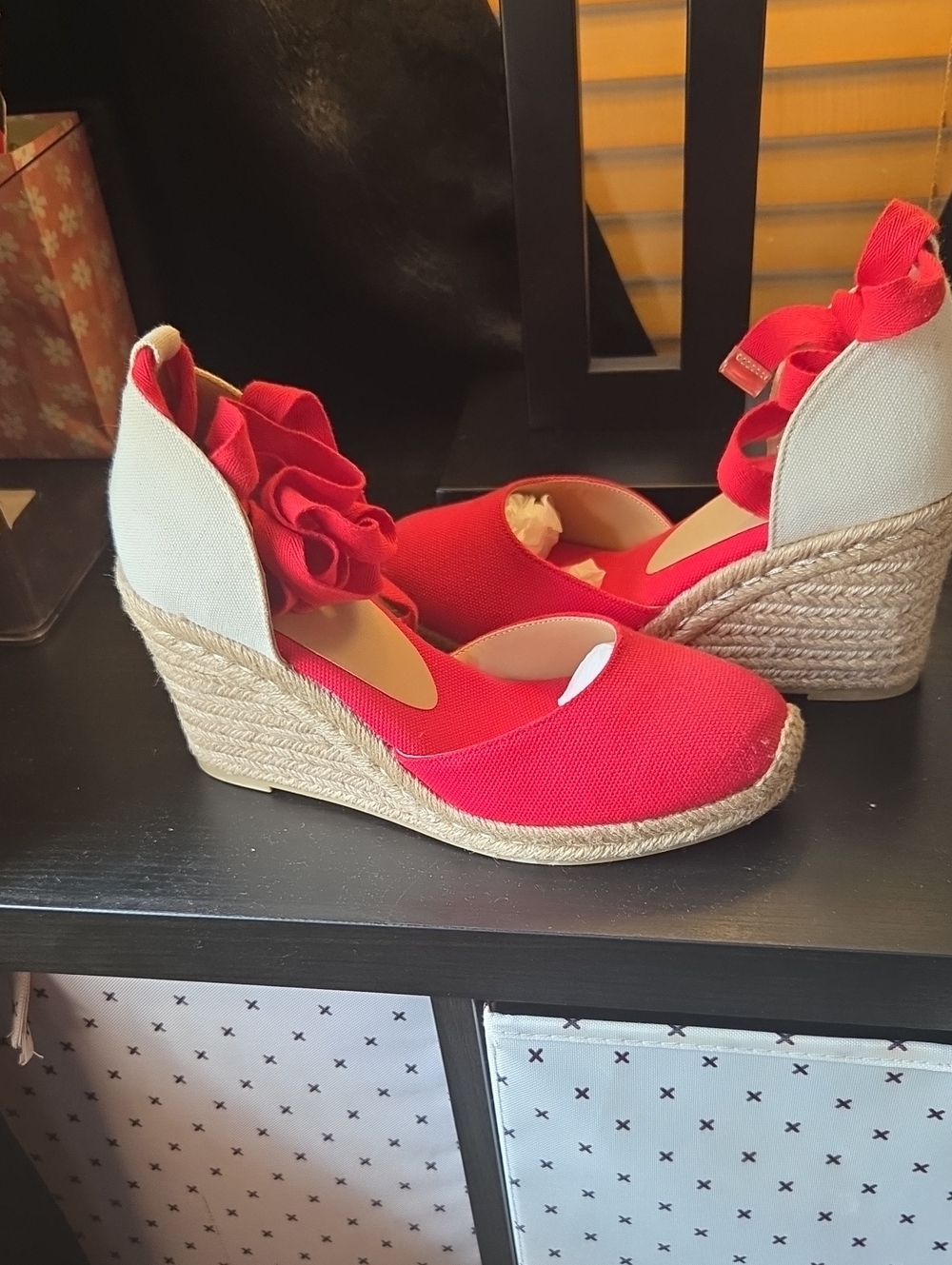 JustFab Red and Cream Espadrille Wedge Sandals with Ruffle Ankle Tie